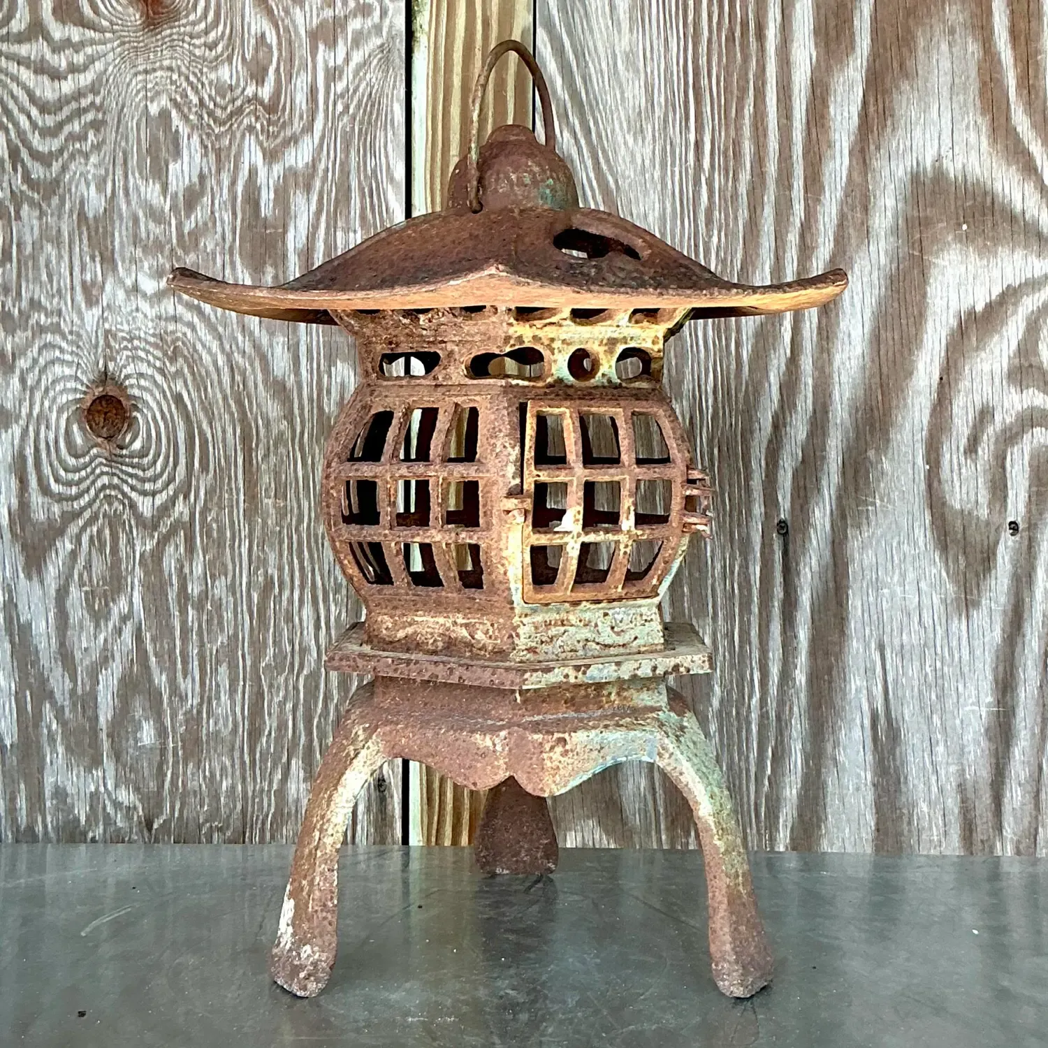 Vintage Boho Patinated Cast Iron Pagoda Lantern — additional photo 5