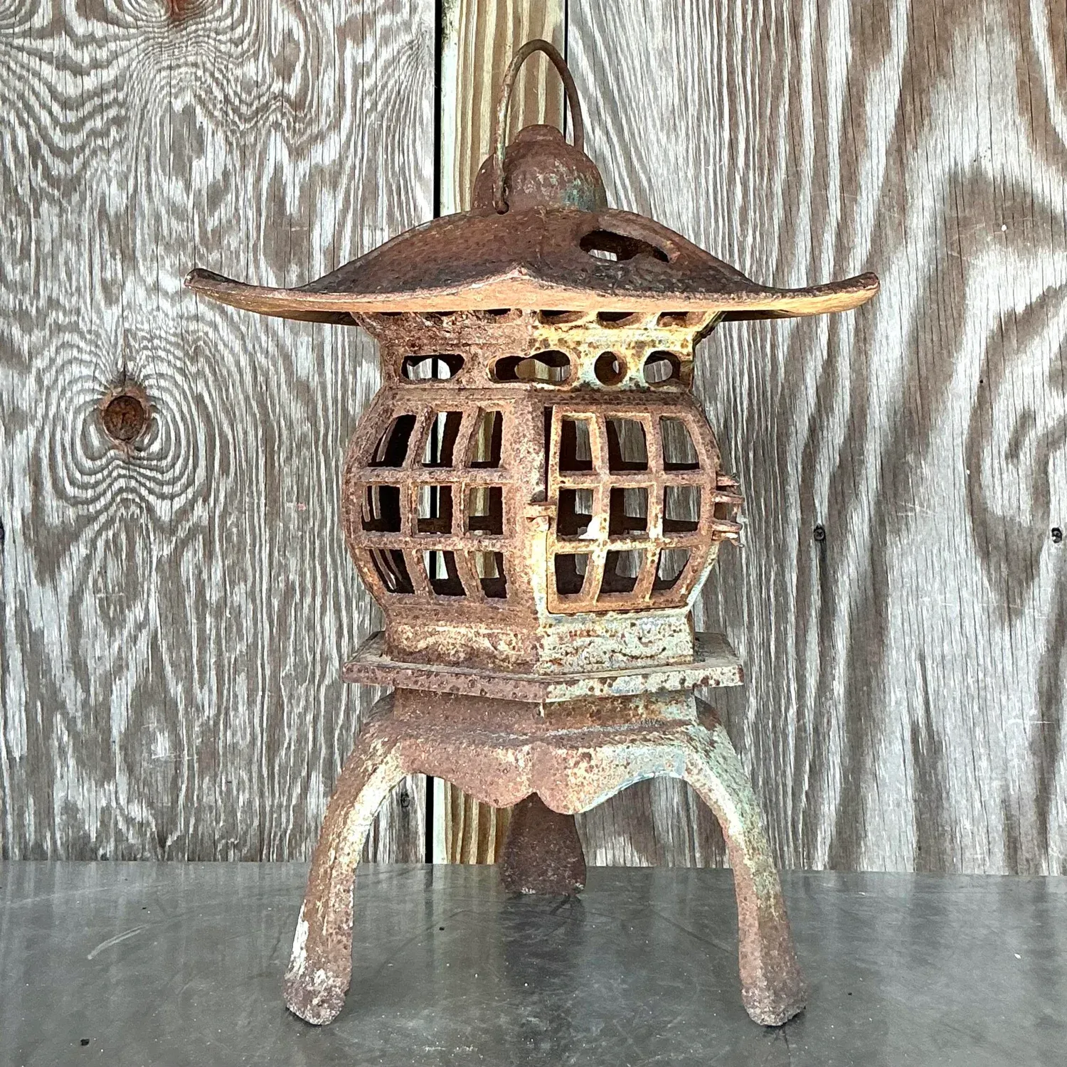 Vintage Boho Patinated Cast Iron Pagoda Lantern — additional photo 7