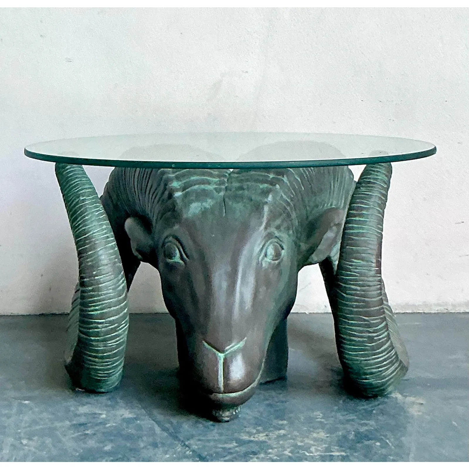 Vintage Boho Patinated Cast Resin Rams Head Table — additional photo 2
