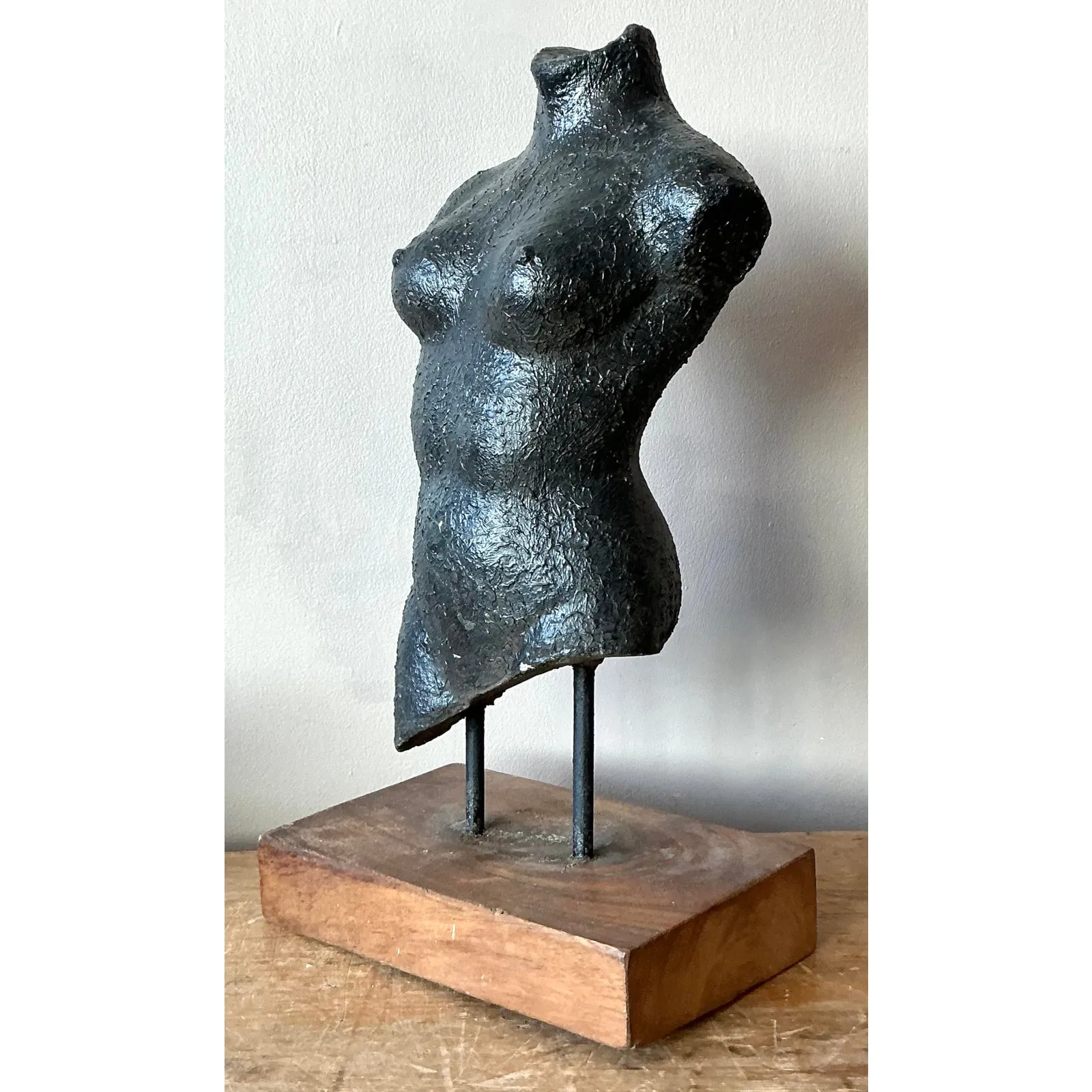 Vintage Boho Patinated Ceramic Female Torso Sculpture — additional photo 4