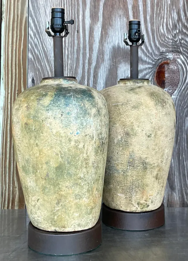 Vintage Boho Patinated Ceramic Table Lamps - a Pair — additional photo 3