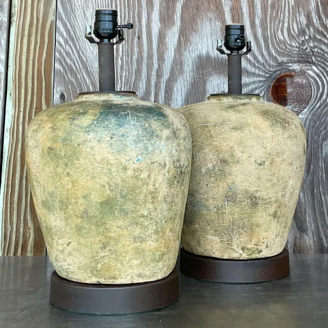 Vintage Boho Patinated Ceramic Table Lamps - a Pair — additional photo 6
