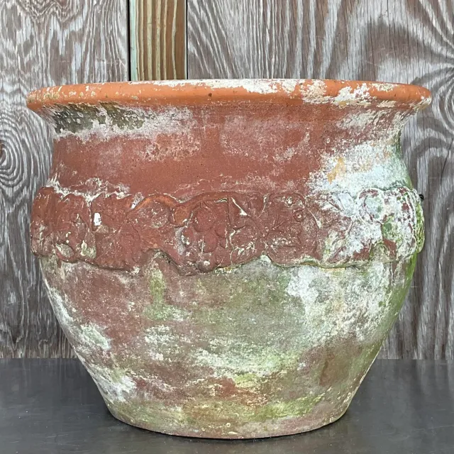 Vintage Boho Patinated Floral Band Terra Cotta Planter — additional photo 1