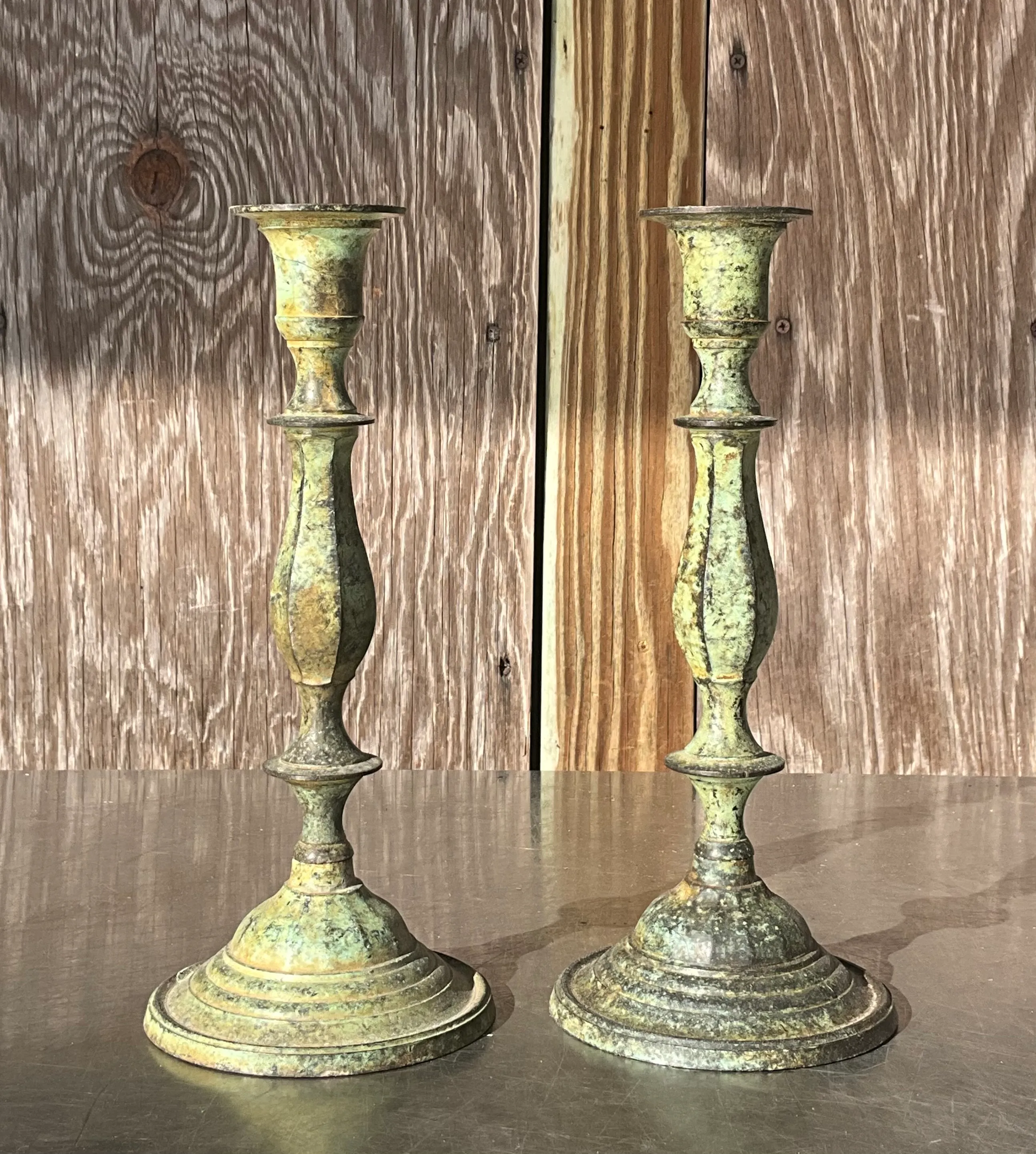 Vintage Boho Patinated Metal Candlesticks- a Pair — additional photo 1