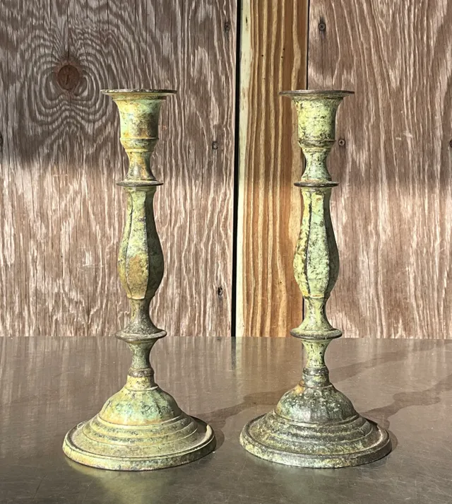 Vintage Boho Patinated Metal Candlesticks- a Pair — additional photo 1
