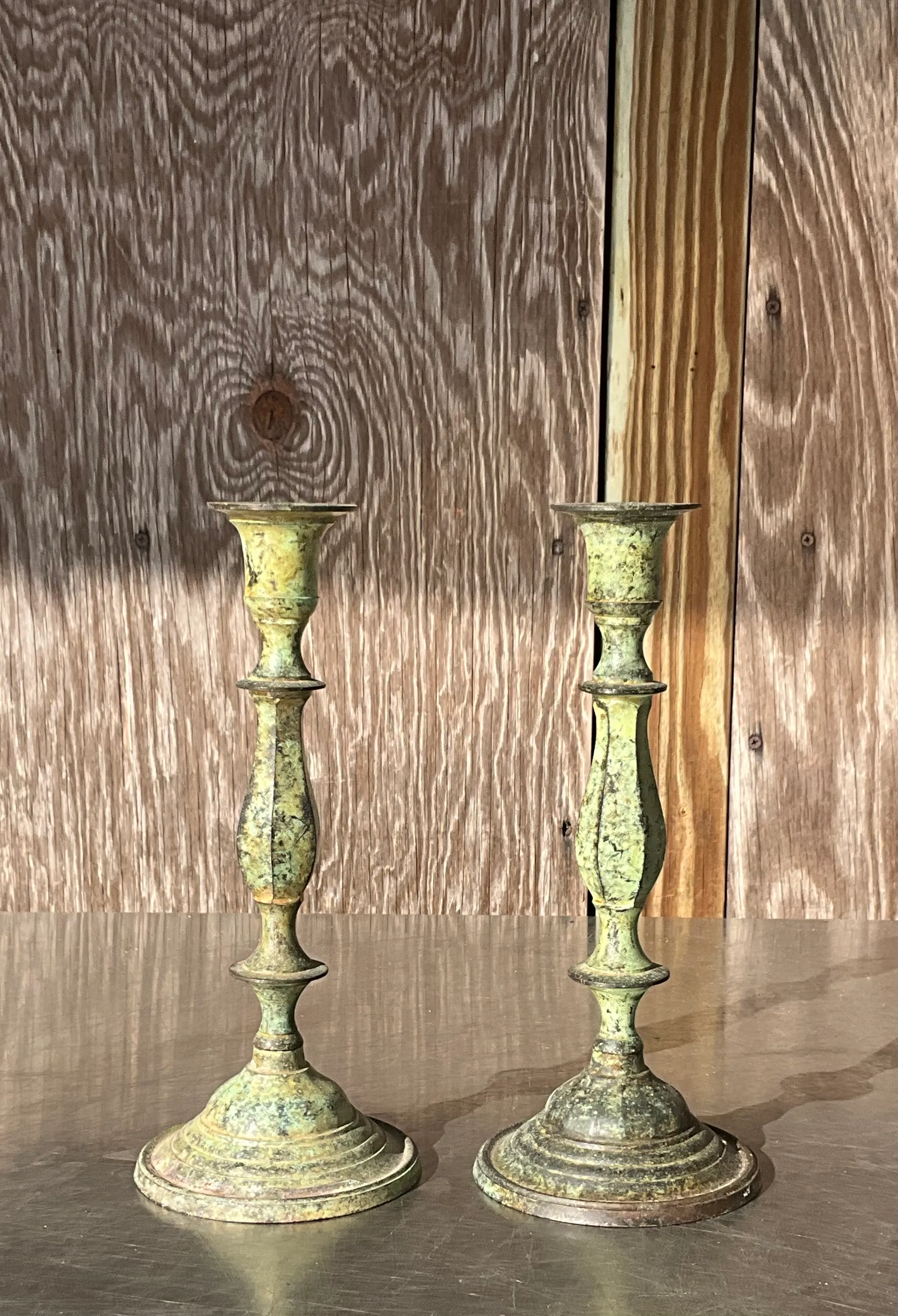 Vintage Boho Patinated Metal Candlesticks- a Pair — additional photo 2