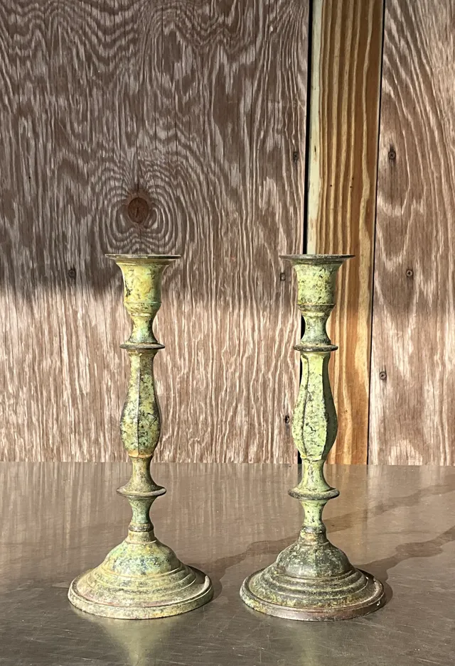 Vintage Boho Patinated Metal Candlesticks- a Pair — additional photo 2