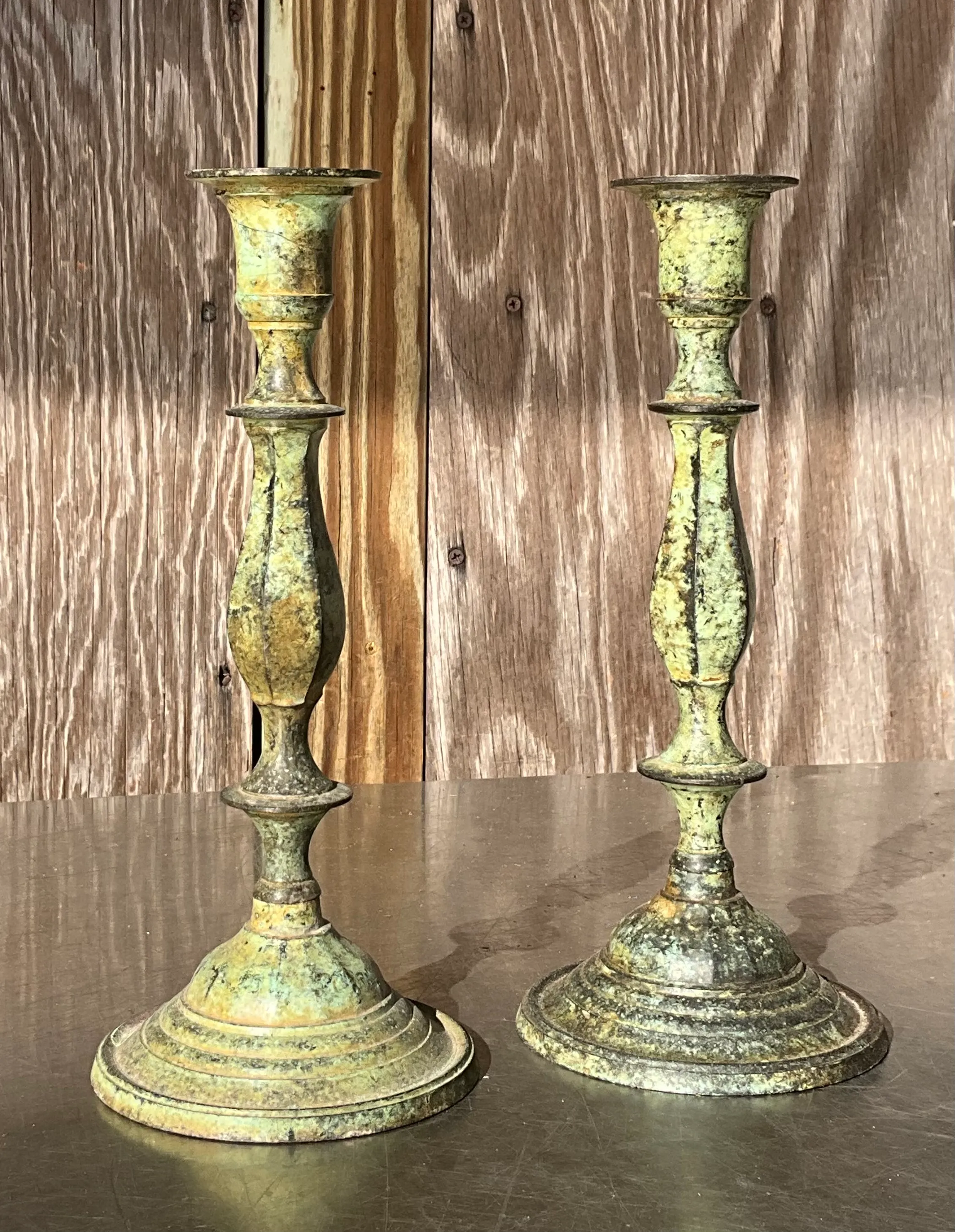 Vintage Boho Patinated Metal Candlesticks- a Pair — additional photo 3