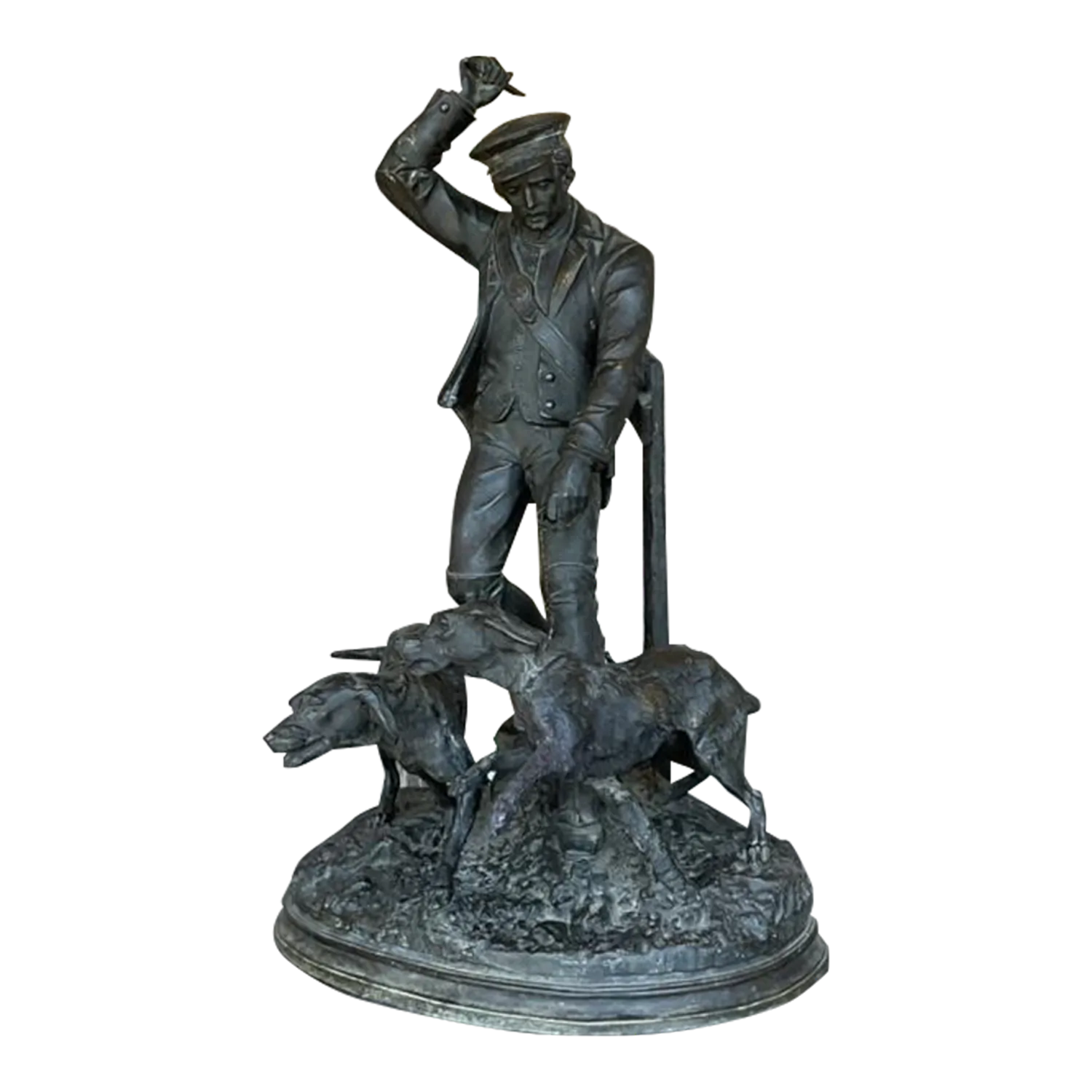 Vintage Boho Patinated Metal Man With Hounds Sculpture