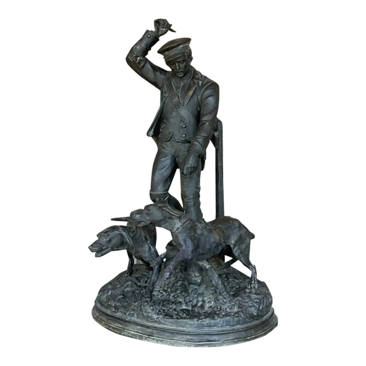 Vintage Boho Patinated Metal Man With Hounds Sculpture