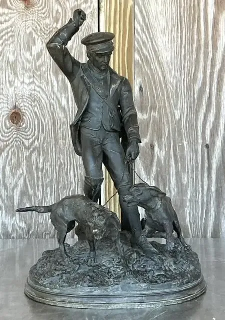Vintage Boho Patinated Metal Man With Hounds Sculpture — additional photo 1