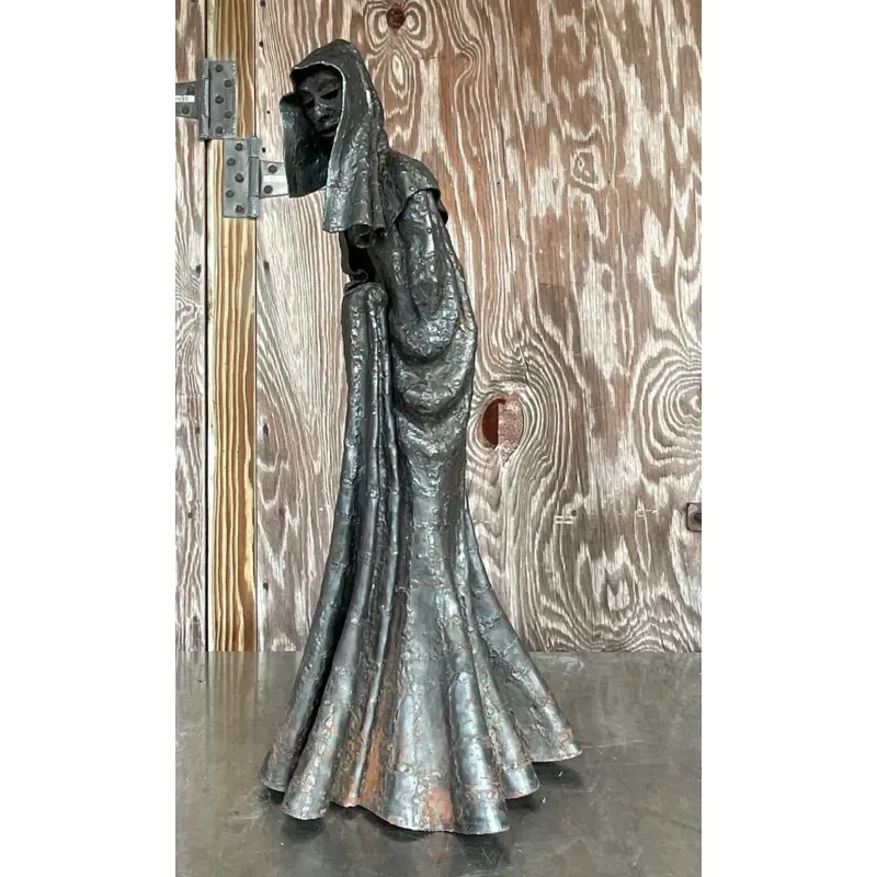 Vintage Boho Patinated Steel Sculpture of Cloaked Woman