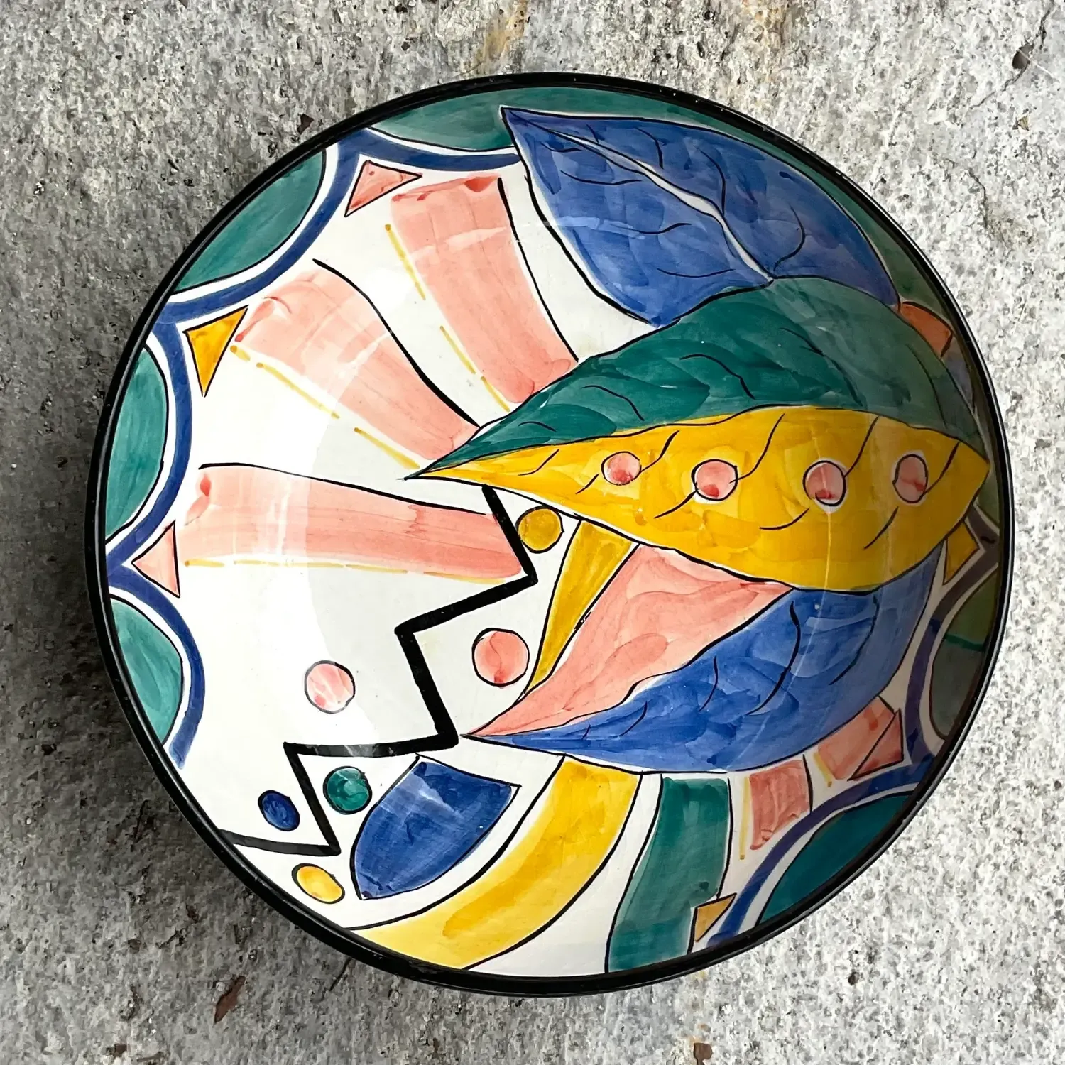 Vintage Boho Pereiras Portugal Glazed Ceramic Hand Painted Bowl — additional photo 3