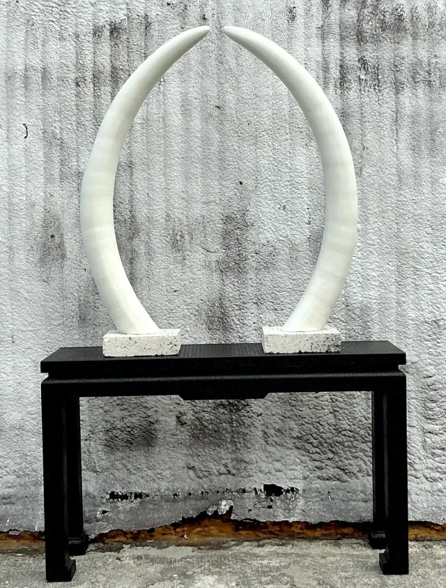 Vintage Boho Plaster Elephant Tusks on Coquina Plinth - a Pair — additional photo 2