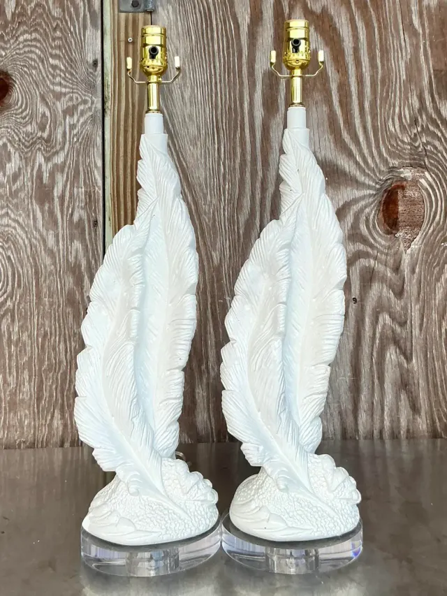 Vintage Boho Plaster Twisted Feather Lamps - a Pair — additional photo 1