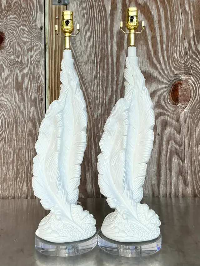 Vintage Boho Plaster Twisted Feather Lamps - a Pair — additional photo 2