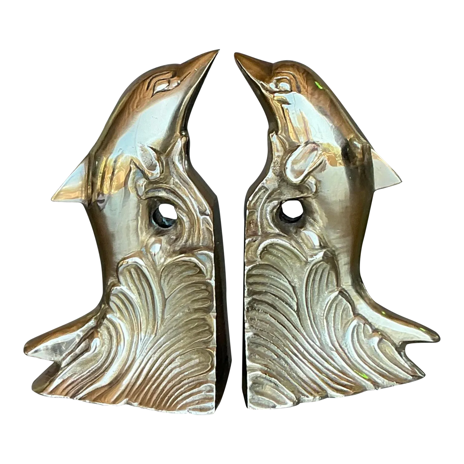 Vintage Boho Polished Brass Dolphin Bookends - A Pair