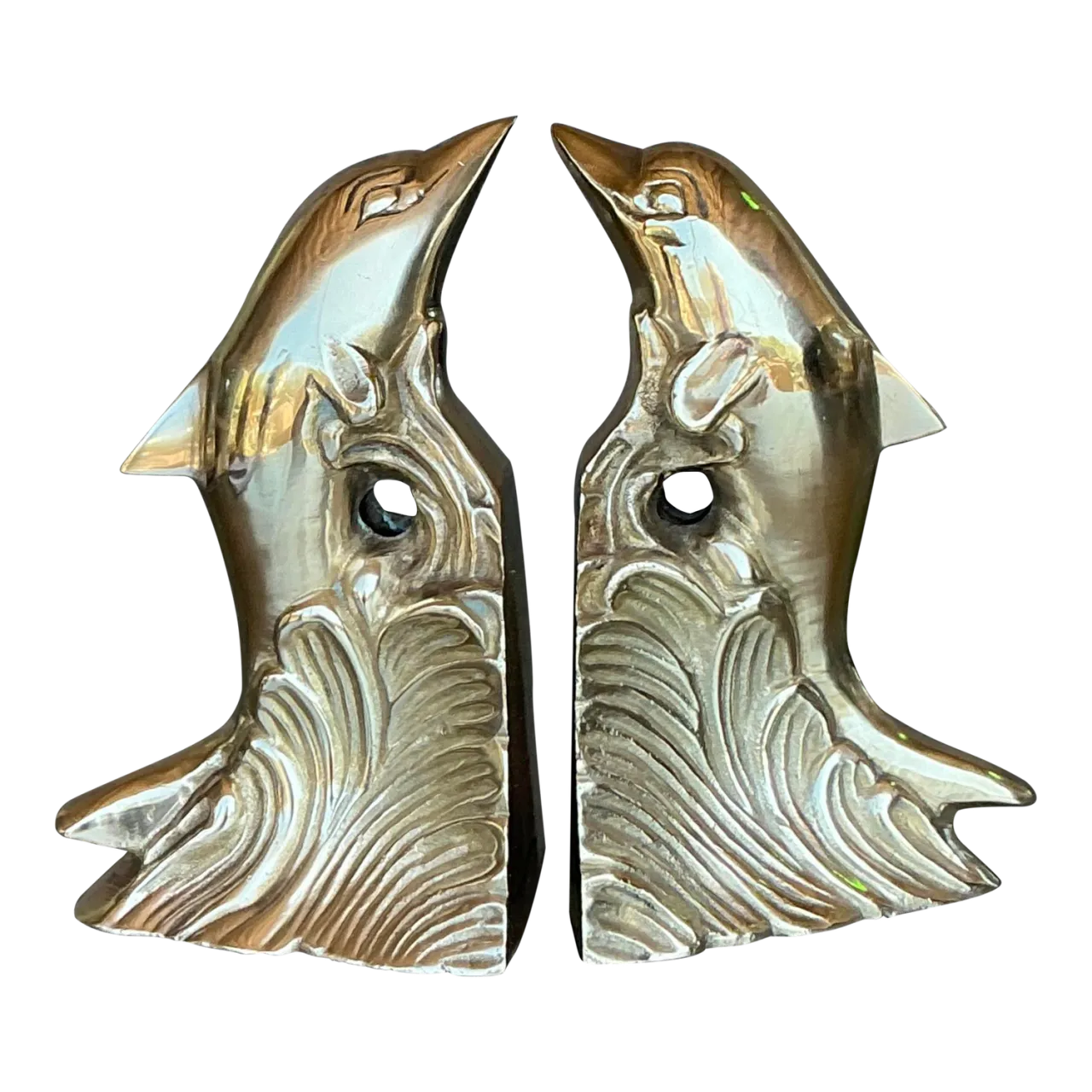 Vintage Boho Polished Brass Dolphin Bookends - A Pair