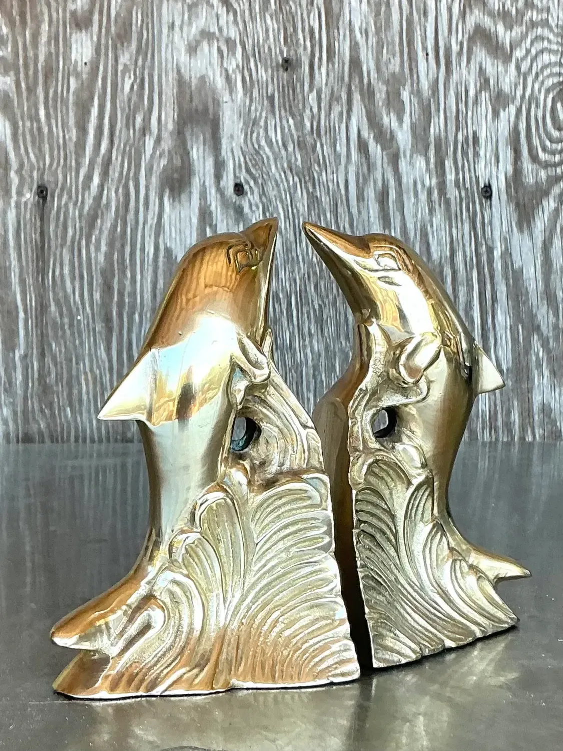 Vintage Boho Polished Brass Dolphin Bookends - A Pair — additional photo 2