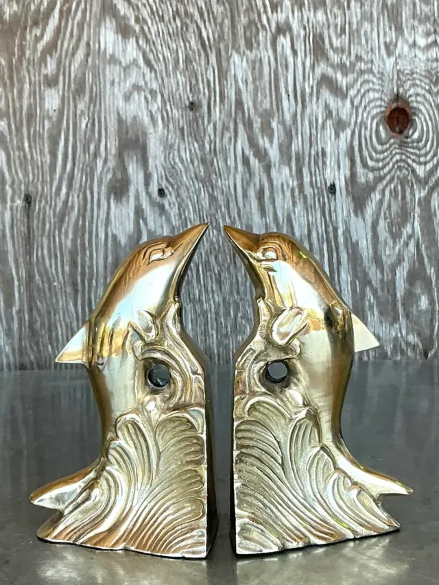 Vintage Boho Polished Brass Dolphin Bookends - A Pair — additional photo 3