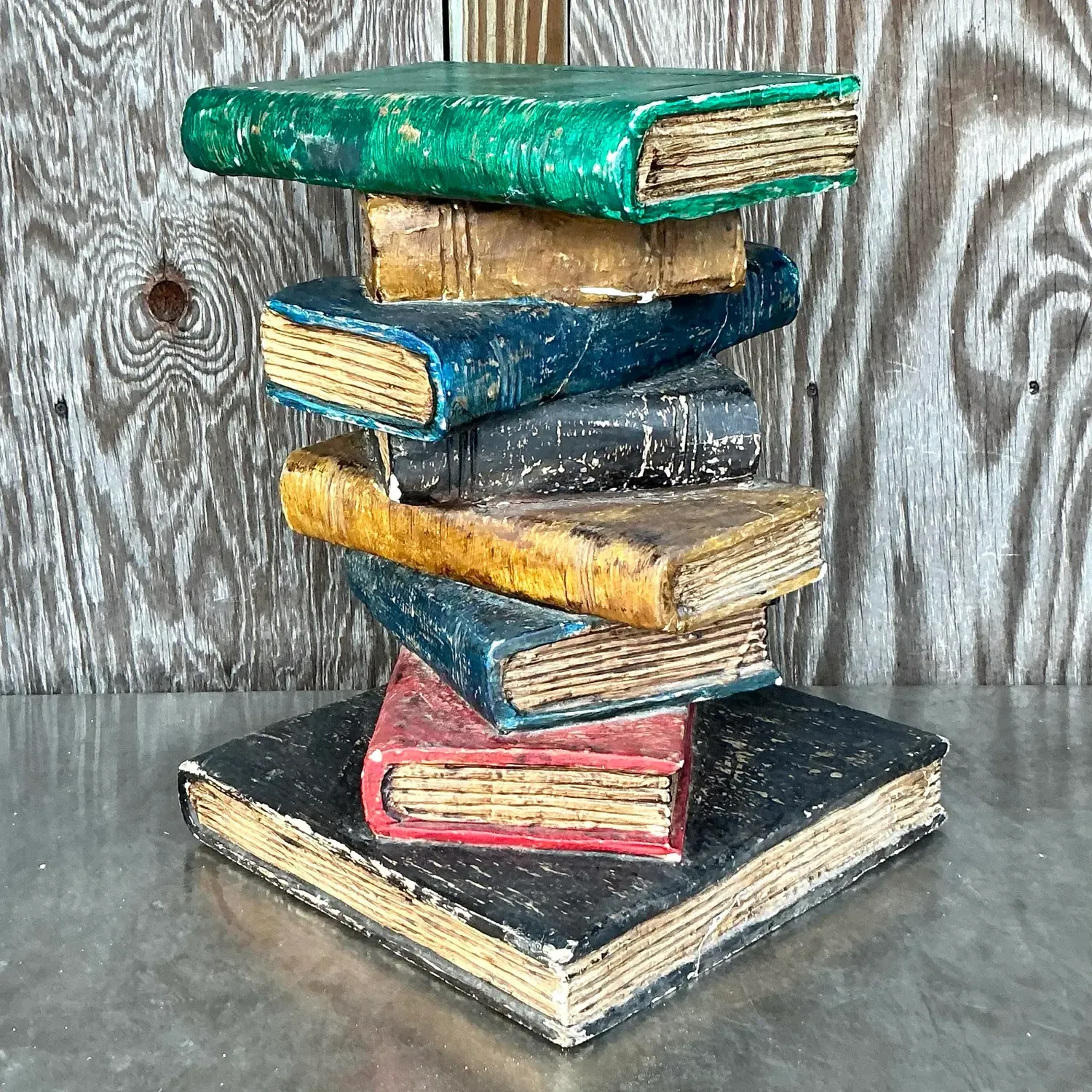 Vintage Boho Polychrome Plaster Stacked Books Side Table — additional photo 2