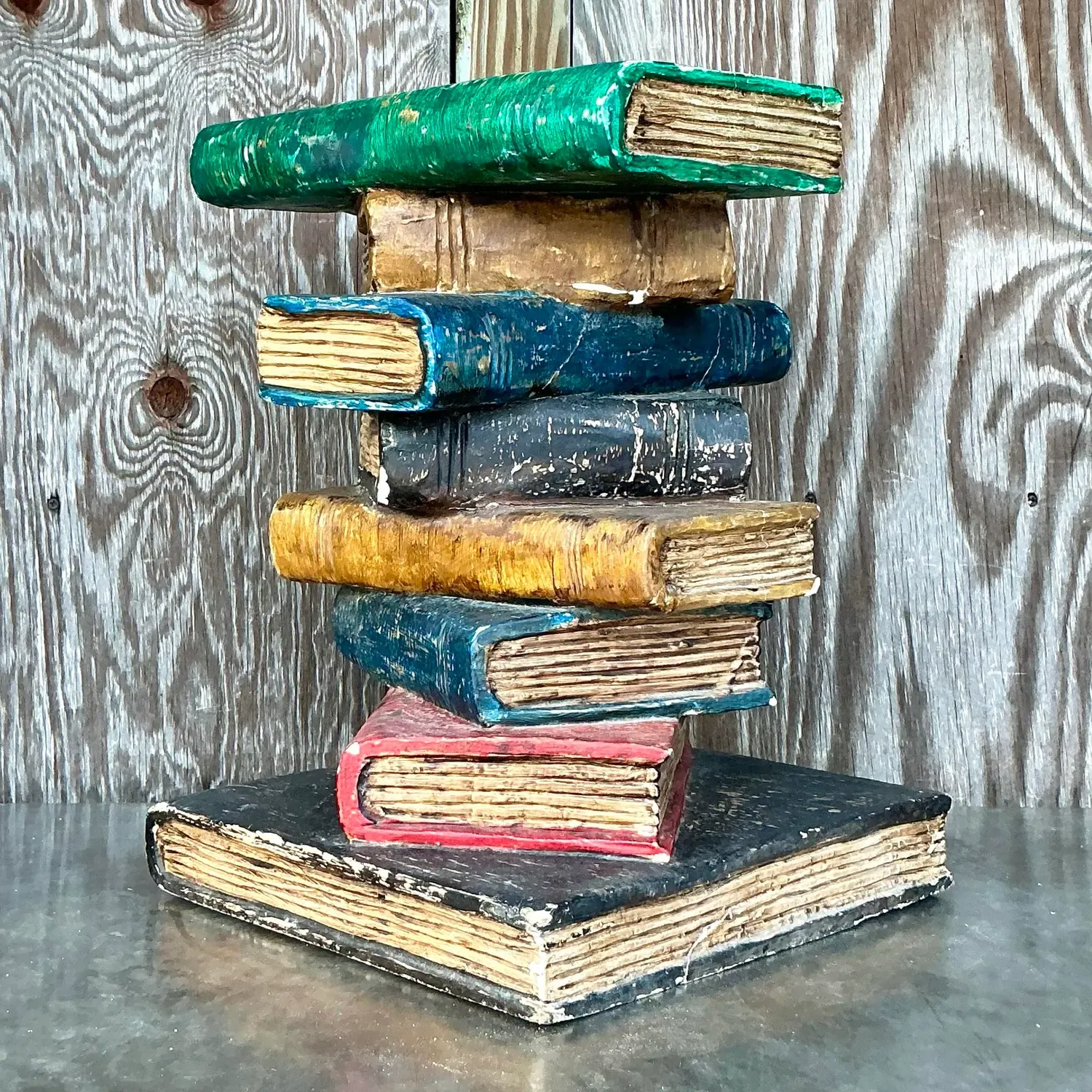 Vintage Boho Polychrome Plaster Stacked Books Side Table — additional photo 4