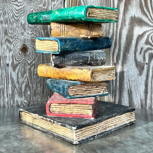 Vintage Boho Polychrome Plaster Stacked Books Side Table — additional photo 5