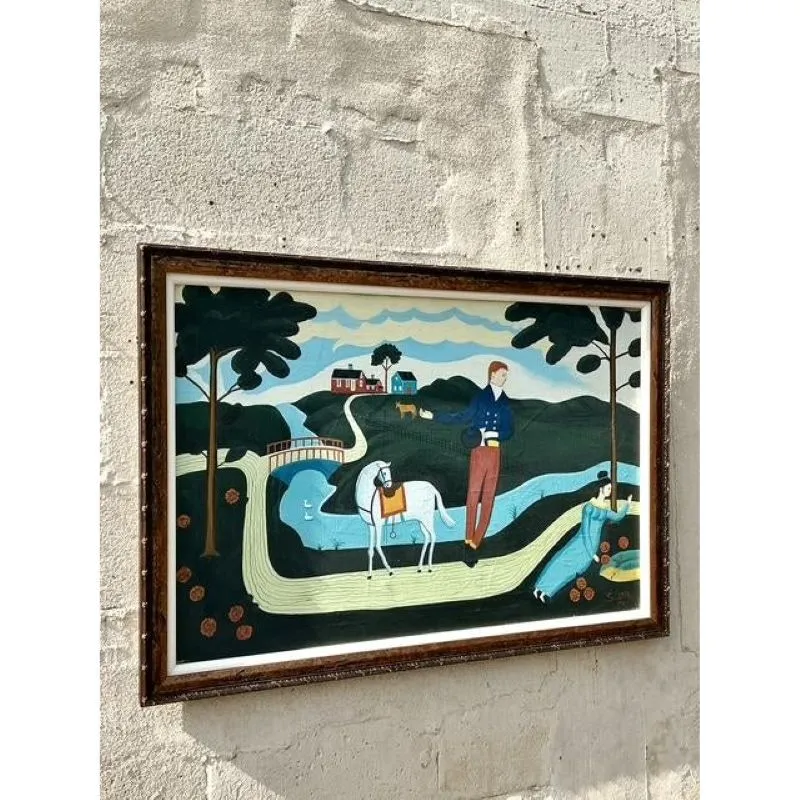 Vintage Boho Primitive Figurative Oil Painting - Oil Paint, 31.8W x 21.75H — additional photo 1