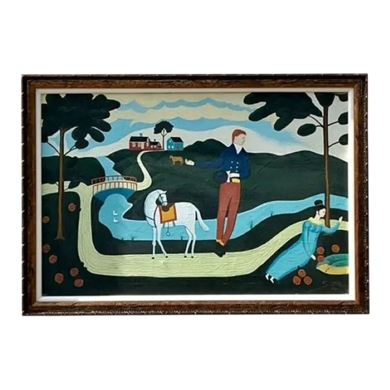 Vintage Boho Primitive Figurative Oil Painting - Oil Paint, 31.8W x 21.75H — additional photo 4