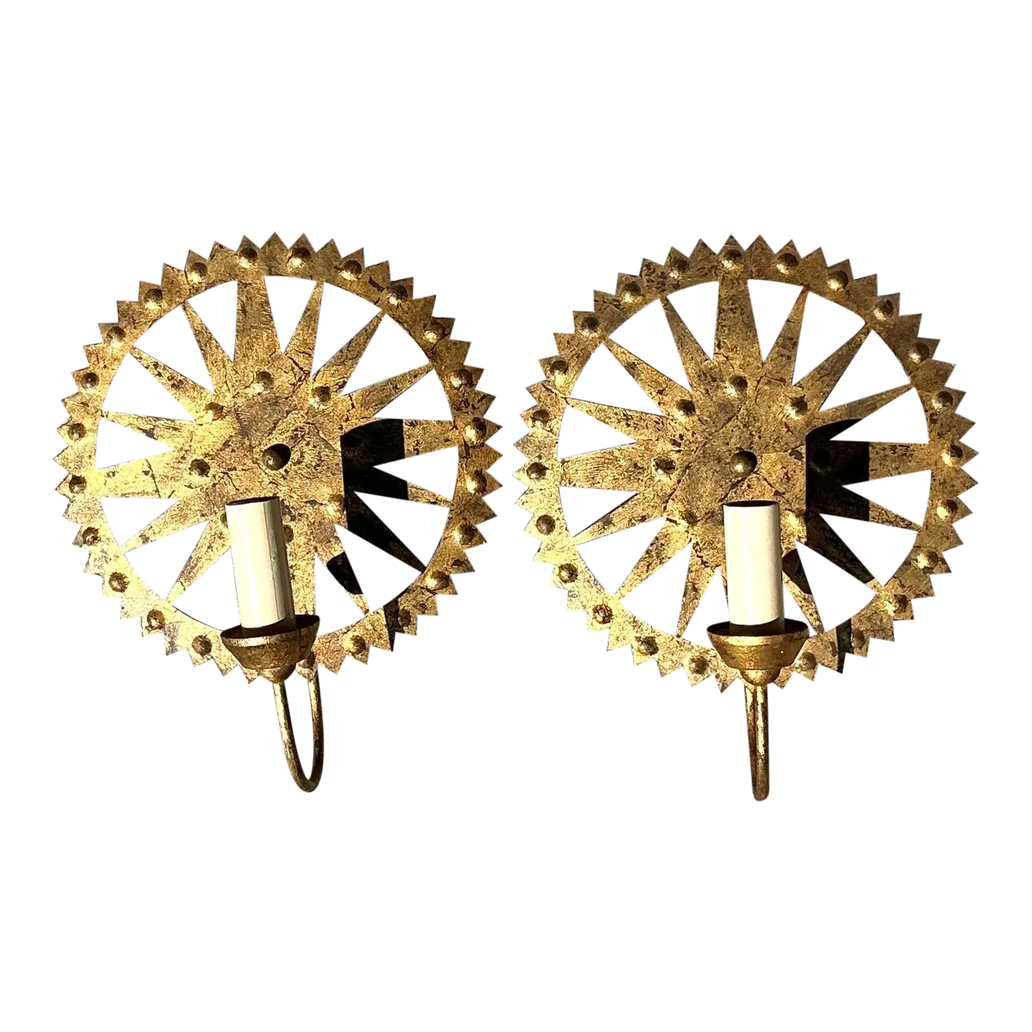 Vintage Boho Punch Cut Gilt Light Sconces - a Pair