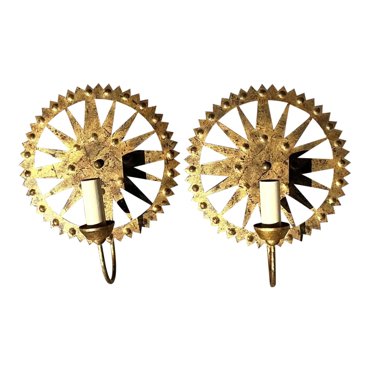 Vintage Boho Punch Cut Gilt Light Sconces - a Pair