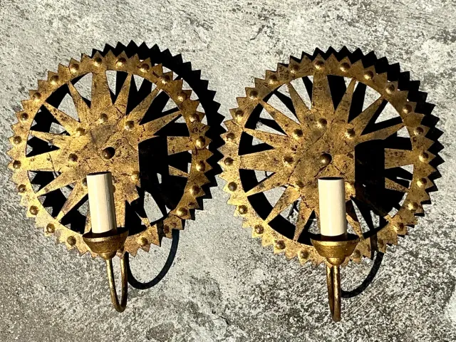 Vintage Boho Punch Cut Gilt Light Sconces - a Pair — additional photo 2