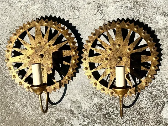 Vintage Boho Punch Cut Gilt Light Sconces - a Pair — additional photo 3