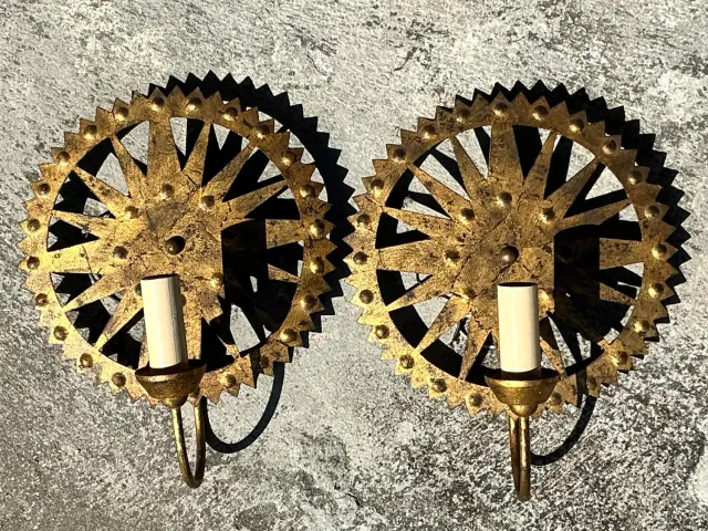Vintage Boho Punch Cut Gilt Light Sconces - a Pair — additional photo 4