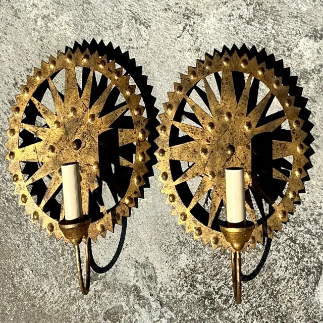 Vintage Boho Punch Cut Gilt Light Sconces - a Pair — additional photo 5