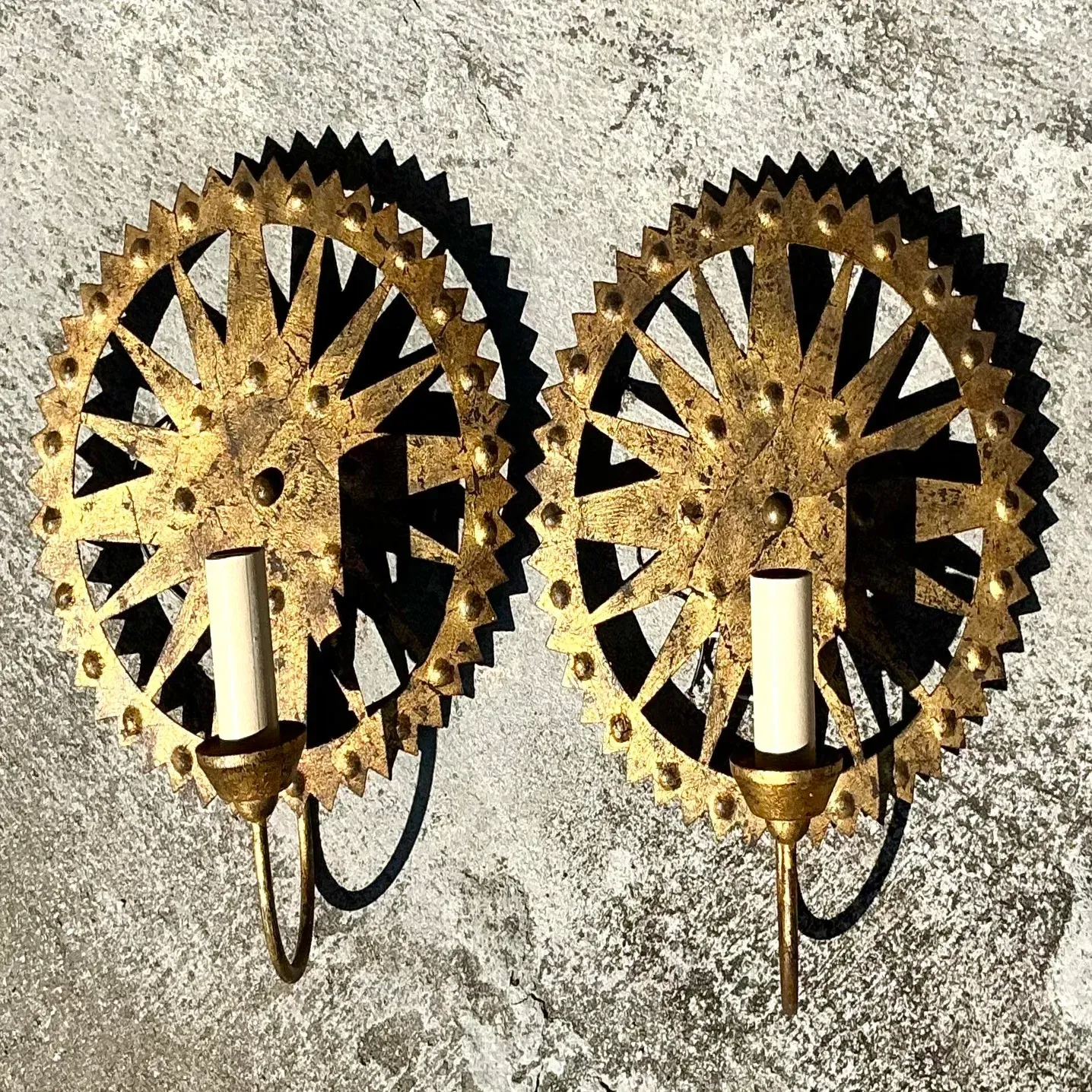 Vintage Boho Punch Cut Gilt Light Sconces - a Pair — additional photo 6