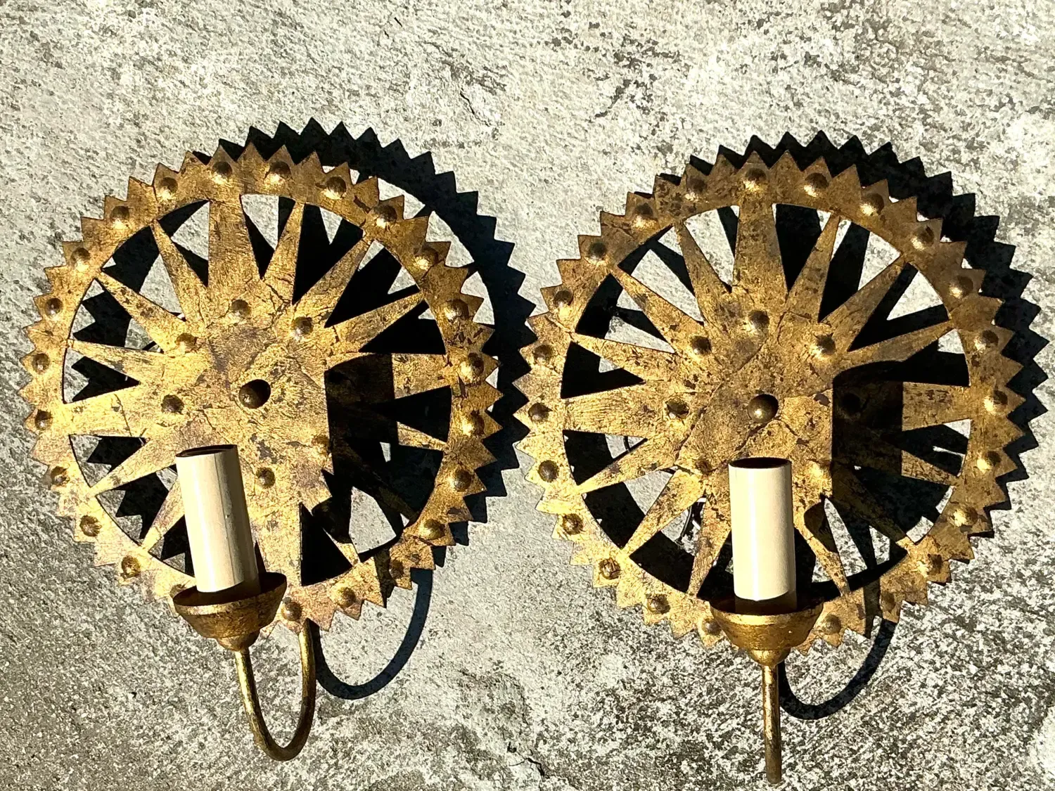 Vintage Boho Punch Cut Gilt Light Sconces - a Pair — additional photo 7
