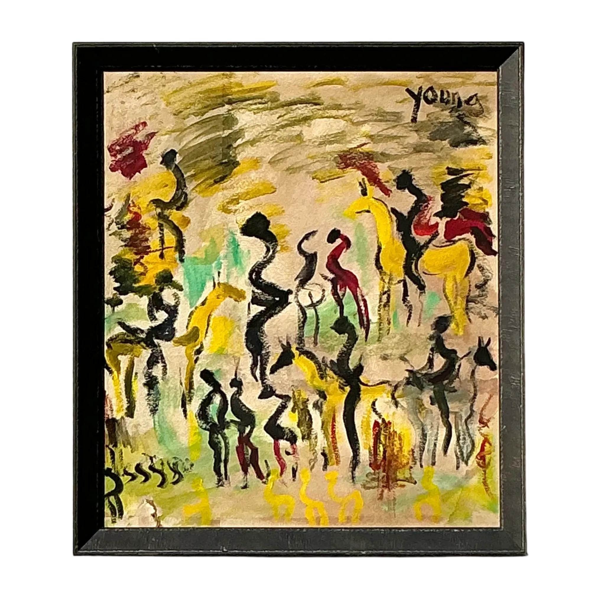 Vintage Boho Purvis Young Abstract Figurative Oil On Paper 