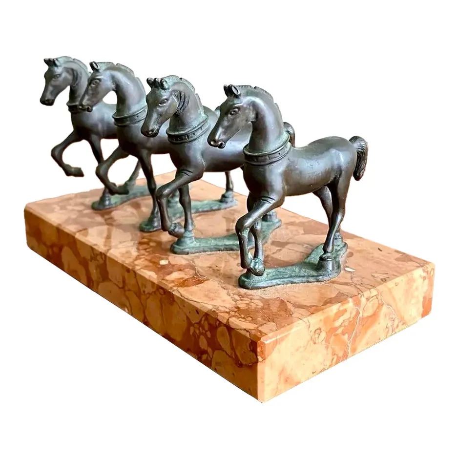 Vintage Boho Quadruple Bronze Horse Statute on Marble Base — additional photo 1