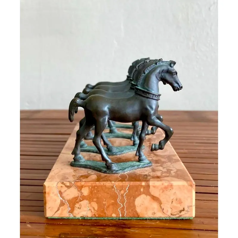 Vintage Boho Quadruple Bronze Horse Statute on Marble Base — additional photo 2