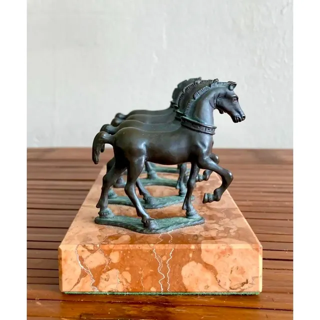 Vintage Boho Quadruple Bronze Horse Statute on Marble Base — additional photo 2