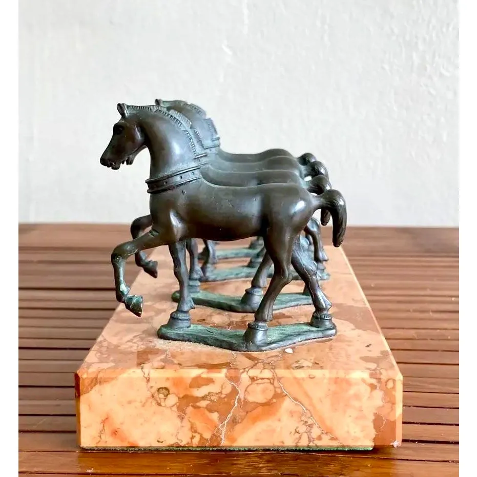Vintage Boho Quadruple Bronze Horse Statute on Marble Base — additional photo 3