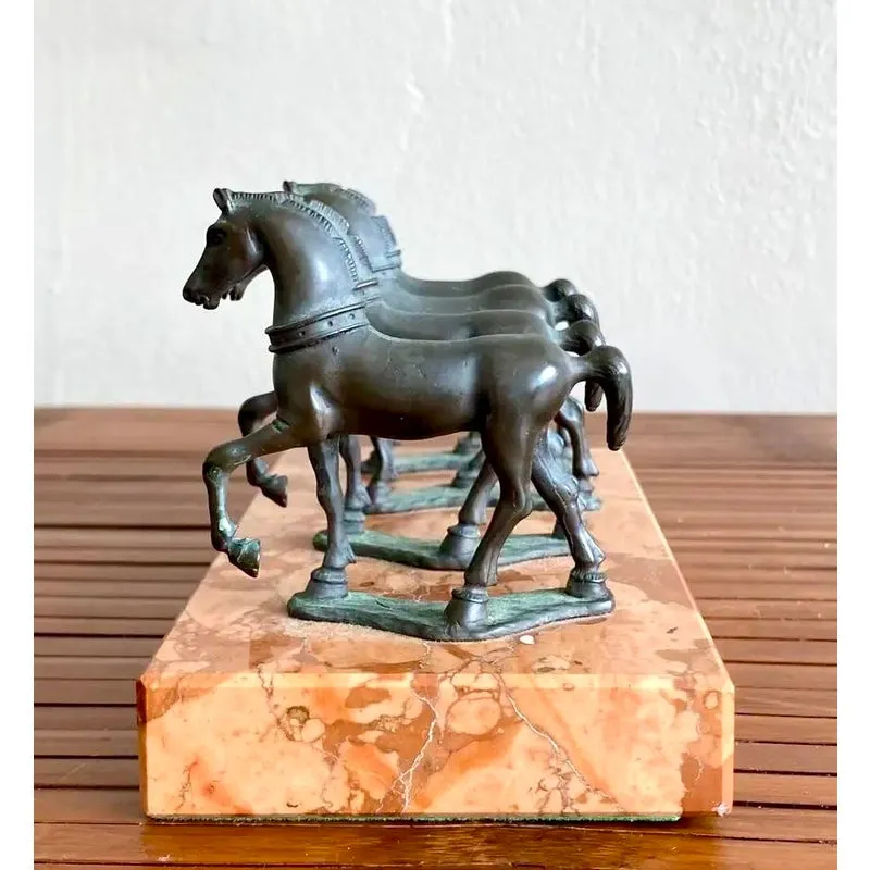Vintage Boho Quadruple Bronze Horse Statute on Marble Base — additional photo 5
