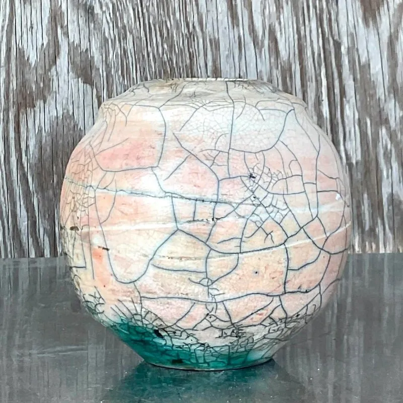 Vintage Boho Raku Fired Vase - Pottery, 6W x 6H — additional photo 2