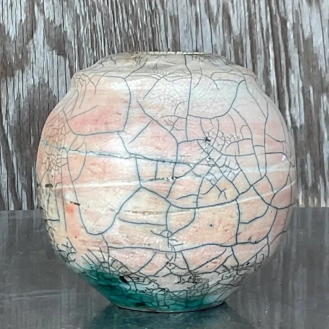 Vintage Boho Raku Fired Vase - Pottery, 6W x 6H — additional photo 3