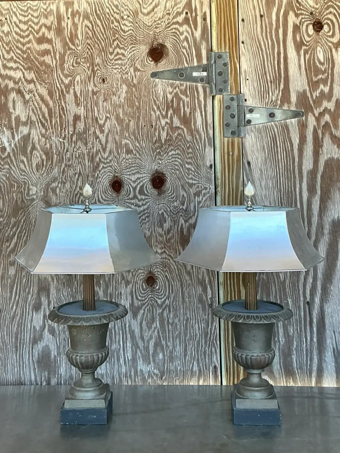 Vintage Boho Remaudier Urn Lamps With Metal Shades - A Pair
