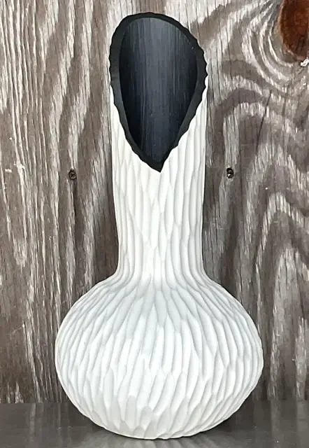 Vintage Boho Ribbed Studio Pottery Vase - Pottery, 7.25W x 15.75H — additional photo 2