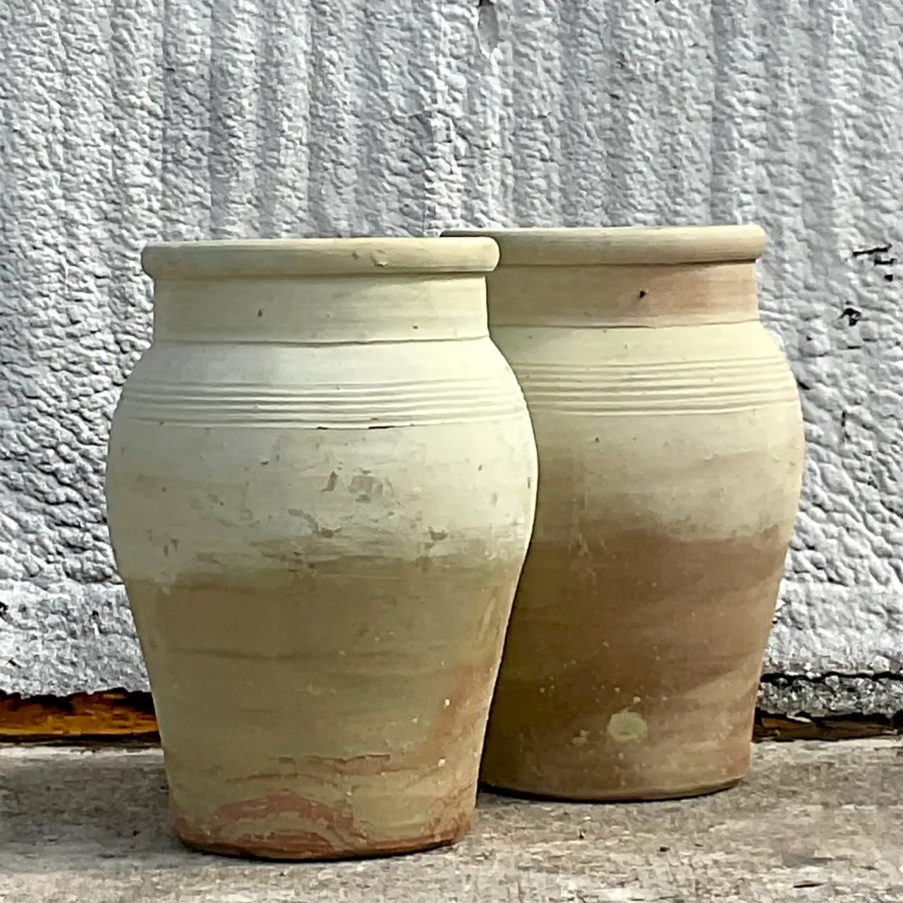 Vintage Boho Rippled Band Terra Cotta Urns - Set of Two
