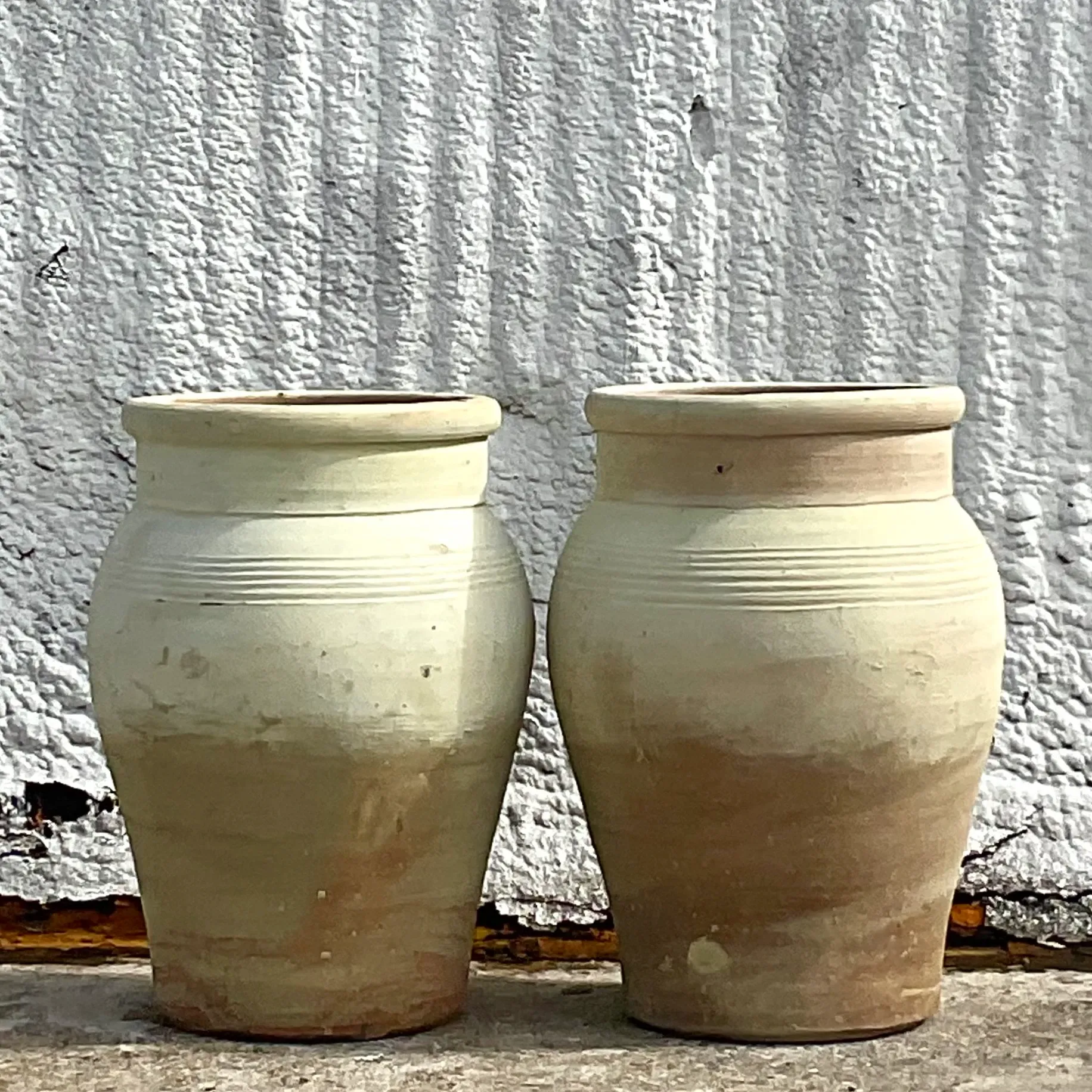 Vintage Boho Rippled Band Terra Cotta Urns - Set of Two — additional photo 1