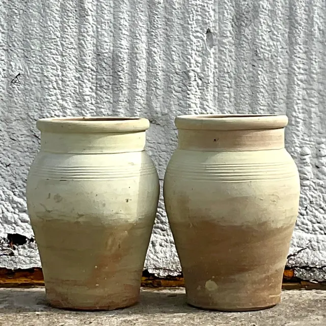 Vintage Boho Rippled Band Terra Cotta Urns - Set of Two — additional photo 1